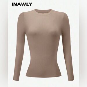 INAWLY Women Casual Camel Color Round Neck Fitted Long Sleeve T-Shirt